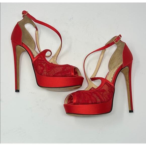 Marchesa Red Lace Satin Party Peep Toe
Heels Pumps Size 38.5 - Picture 7 of 11